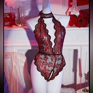 Red Contrast Color Neckline Exposed Back Sexy Lingerie, Hollow SemiTransparent